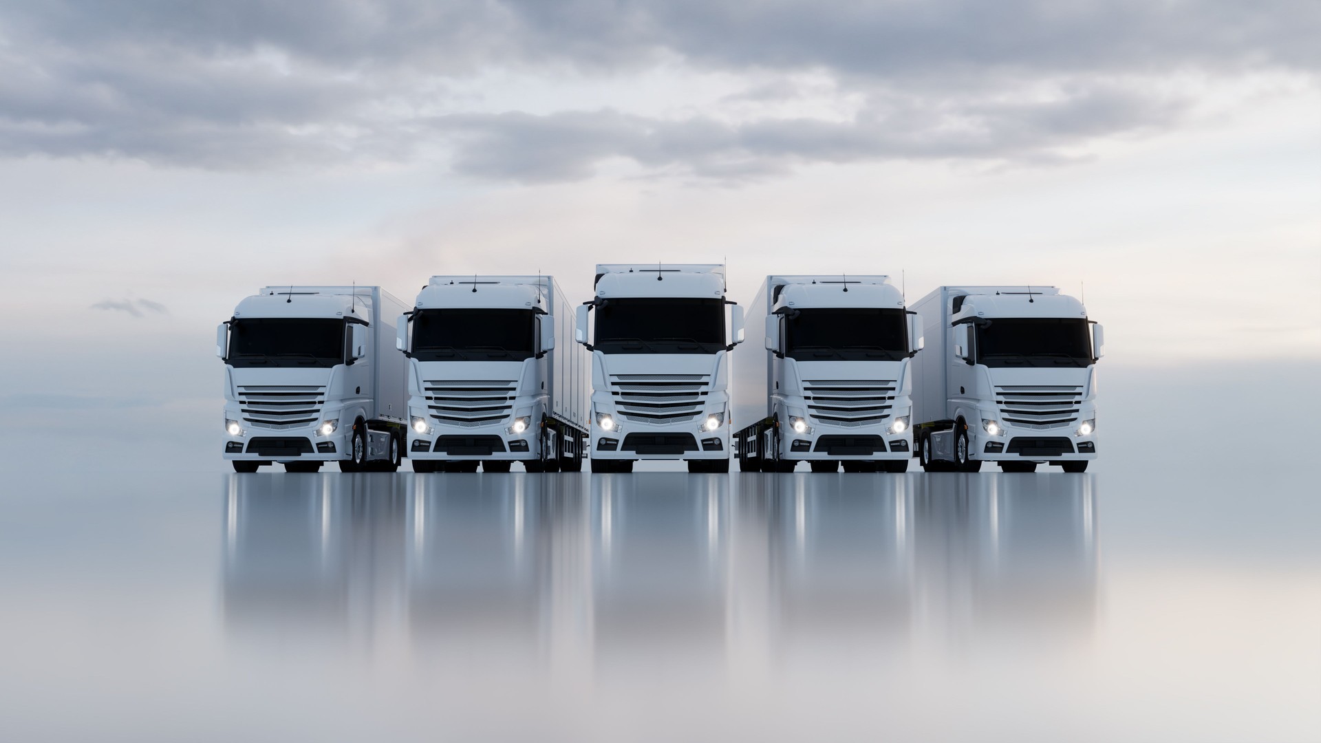 Mirrored Horizon: Truck Fleet on Reflective Surface